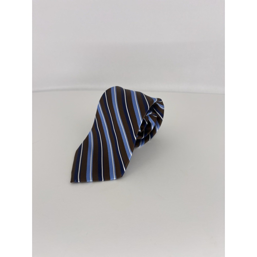 Chaps Repp Tie Mens Classic Brown Blue Silk Striped Prep Ivy League 58" L 3.5" W